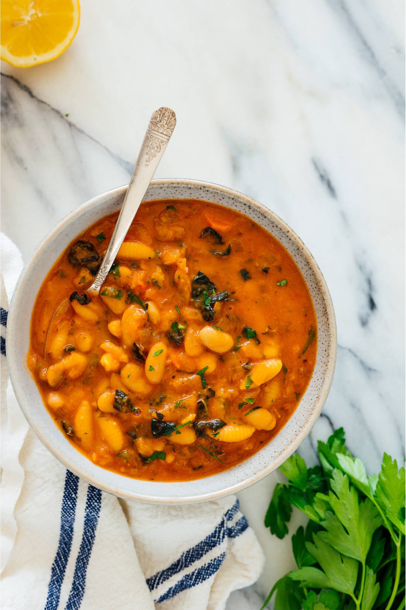 a bowl of vegan pasta e fagioli