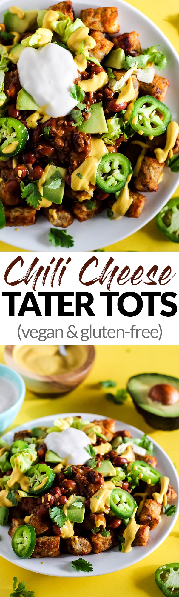 Serve up a plate of these Loaded Vegan Chili Cheese Tots as a delicious appetizer perfect for sharing! Full of bean chili, dairy-free cheese, and veggies.