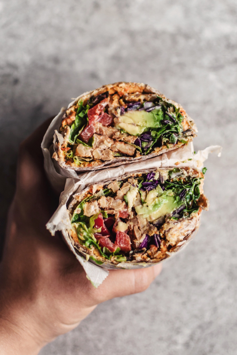 a smoky tempeh wrap packed with veggies