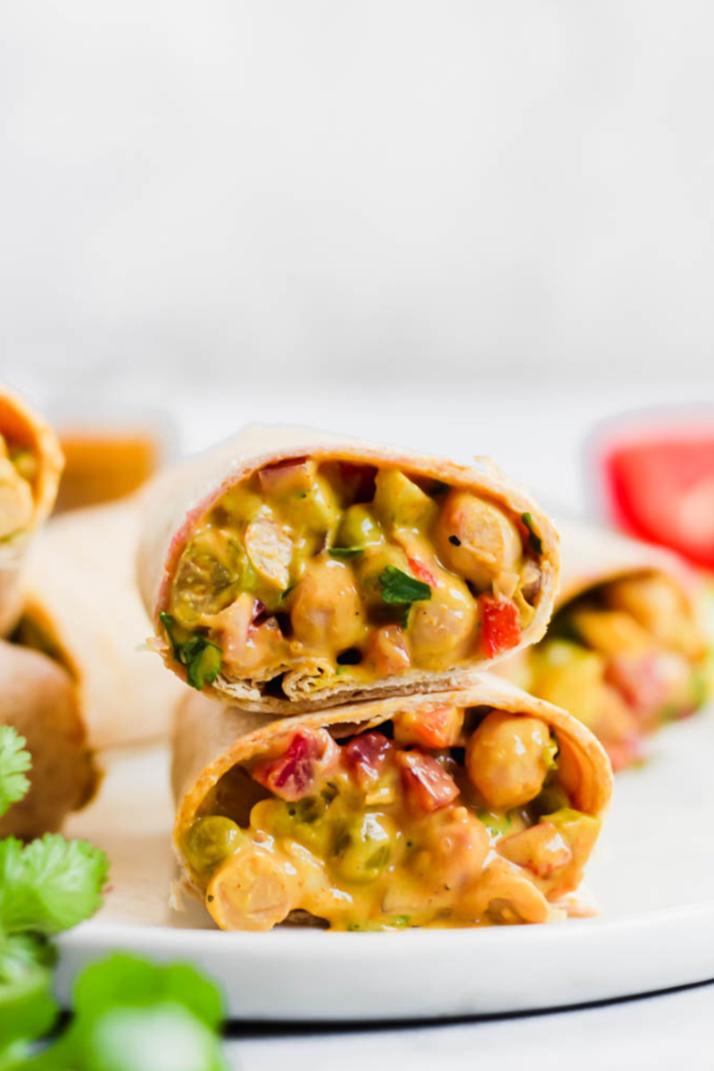 a curried chickpea wrap cut in half