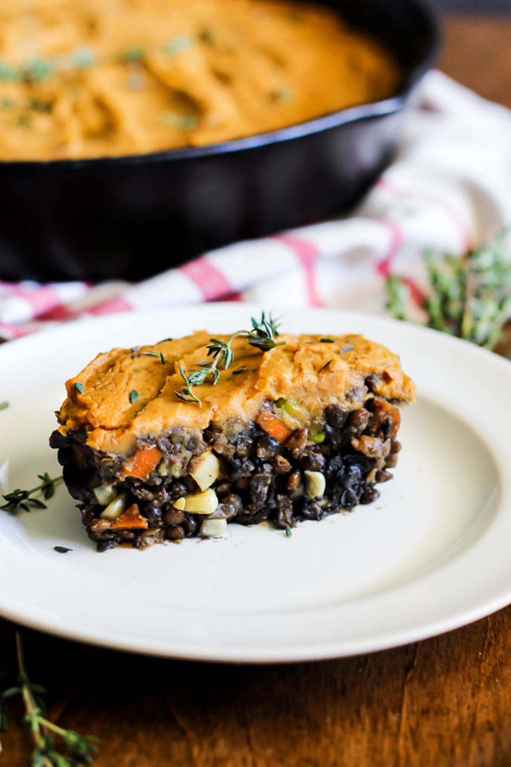 a slice of sweet potato and lentil shepherd's pie